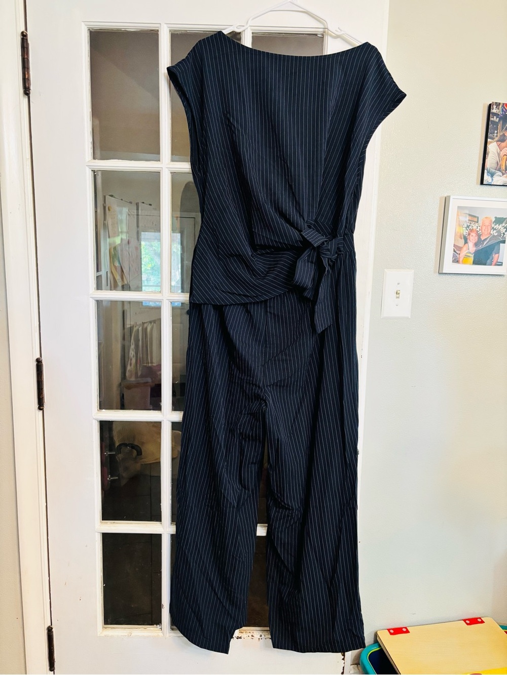 Navy Pinstripe Tie-Waist Jumpsuit